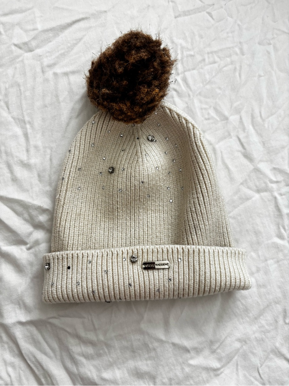 Steve Madden Cream Knit Pom Beanie with Brown Faux Fur Pom